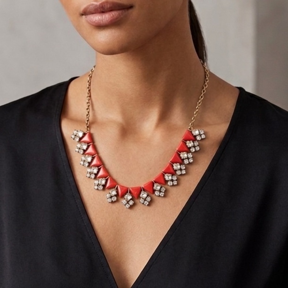 J.Crew Womens Gold Chain Red Triangle & Rhinestone Statement Necklace